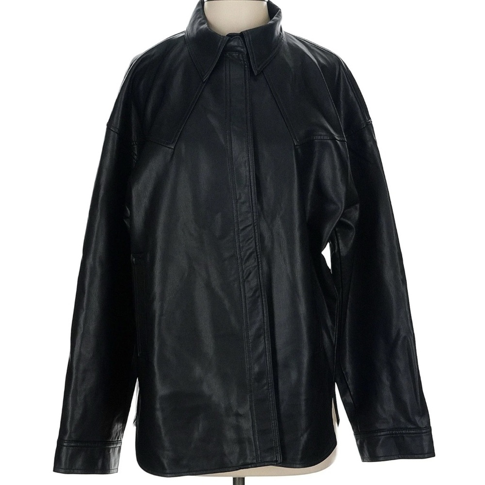 OAK + FORT Black Leather Shirt Jacket